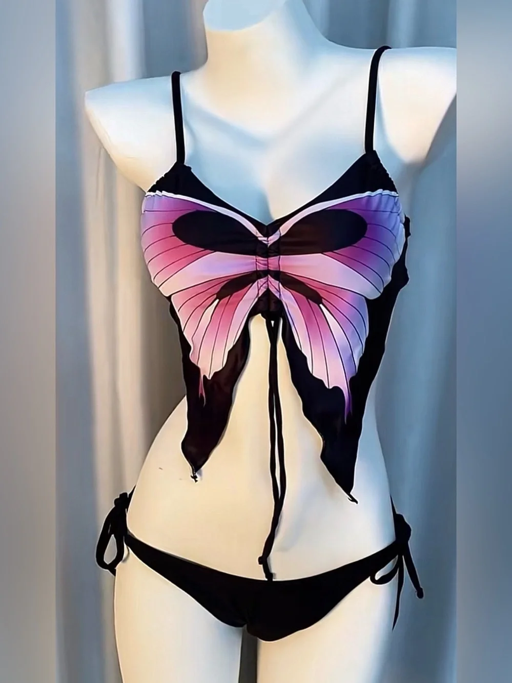 Butterfly Accent Black & Pink Women’s Bikini Top and Bottom Set
